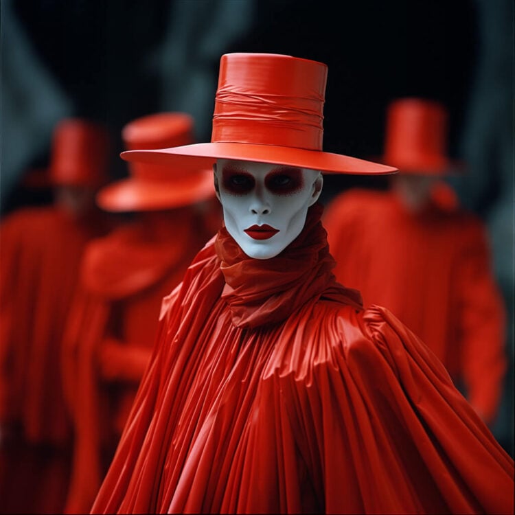 A mystic red figure a frame from AI Filmmaking Academy course